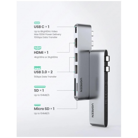 Адаптер UGREEN CM380 (80856) USB-C Multifunction Adapter серый - фото 3