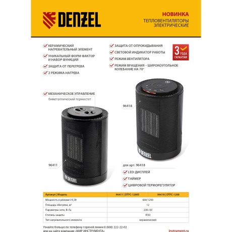 Тепловентилятор керамический DENZEL 96411, DTFC-1200S, вращение,...