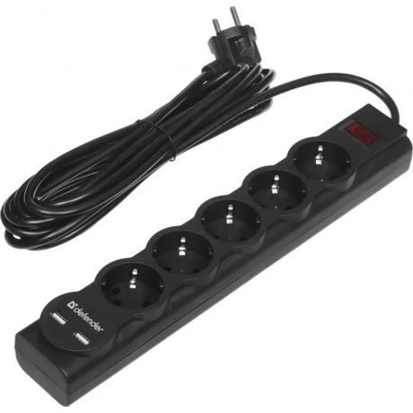 Сетевой фильтр Defender DFS 755 5,0 м, 5 розеток, 2xUSB, 2.1A (9...
