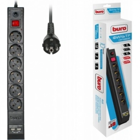 Сетевой фильтр Buro BU-SP1.8_USB_2A-B 1.8м (6 розеток) черный