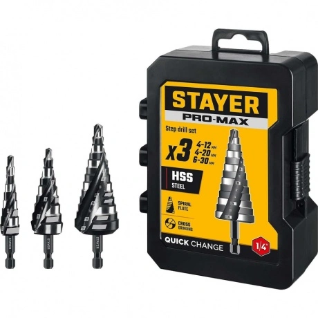 Набор ступенчатых сверл STAYER Pro-Max 3 шт, 4-30мм, винтовая сп...