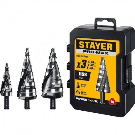 Набор ступенчатых сверл STAYER Pro-Max 3 шт, 4-38мм, винтовая сп...