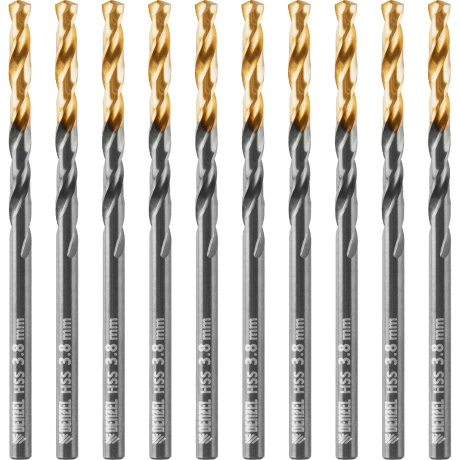 Сверло по металлу DENZEL 717208, 3,8 мм, HSS-Tin, Golden Tip, 10...