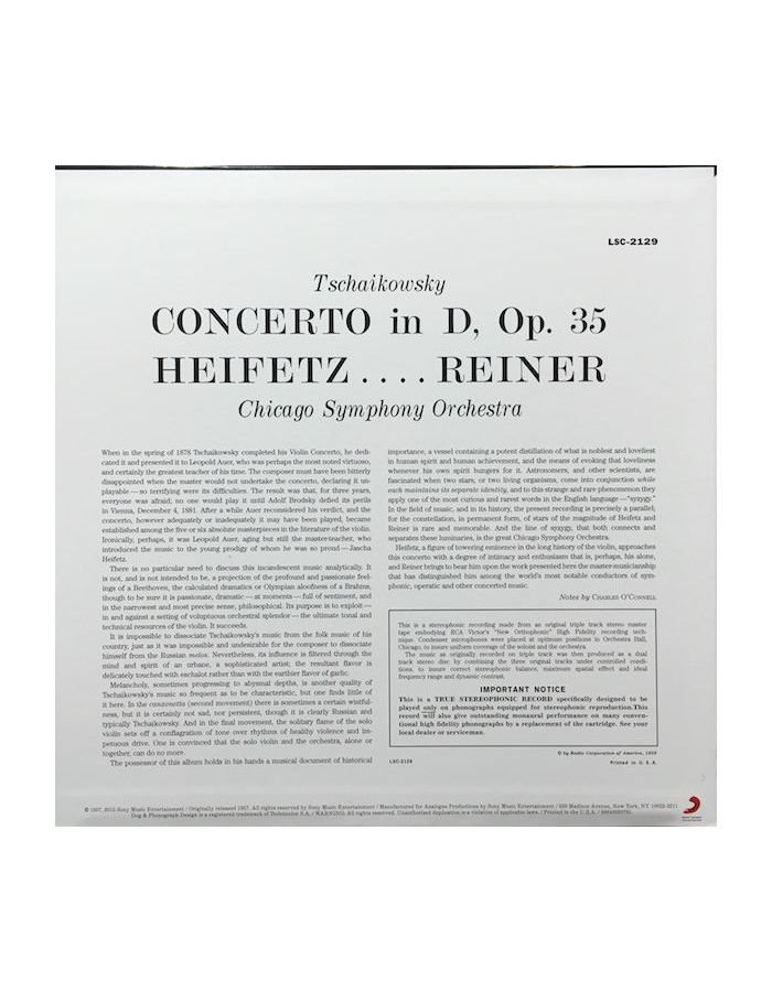 Виниловая пластинка Heifetz, Jascha, Tchaikovsky: Violin Concerto (Analogue) (0753088212918) - фото 2