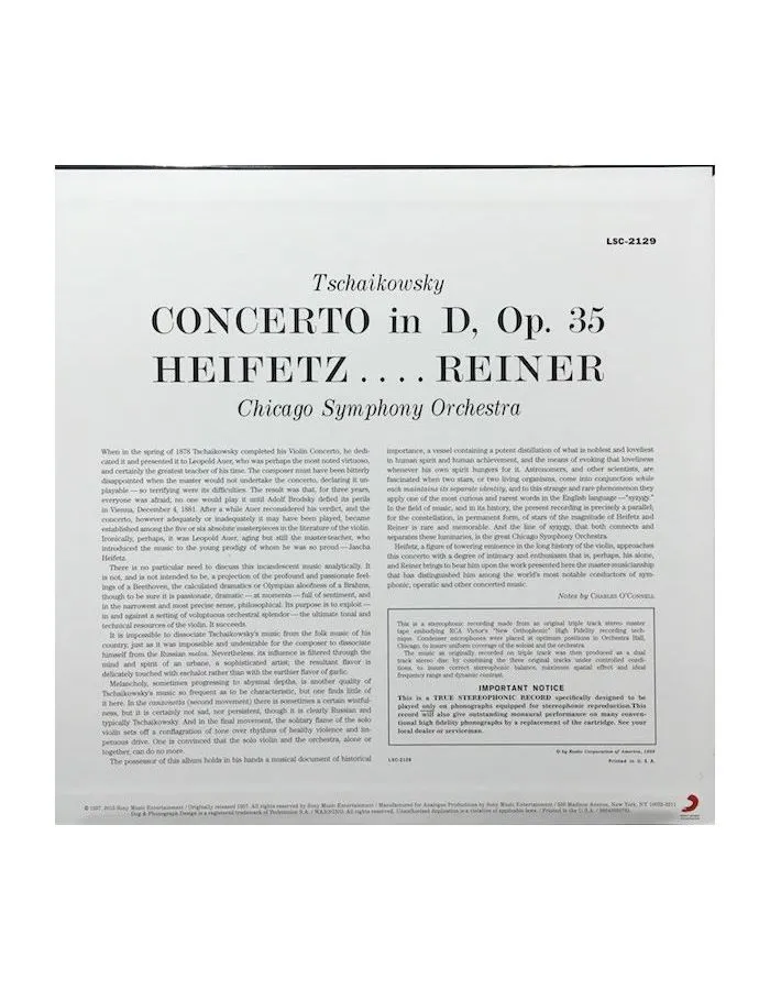Виниловая пластинка Heifetz, Jascha, Tchaikovsky: Violin Concerto (Analogue) (0753088212918) - фото 2