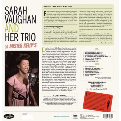 Sarah Vaughan - At Mister Kellys (8435723701316) виниловая пластинка - фото 2