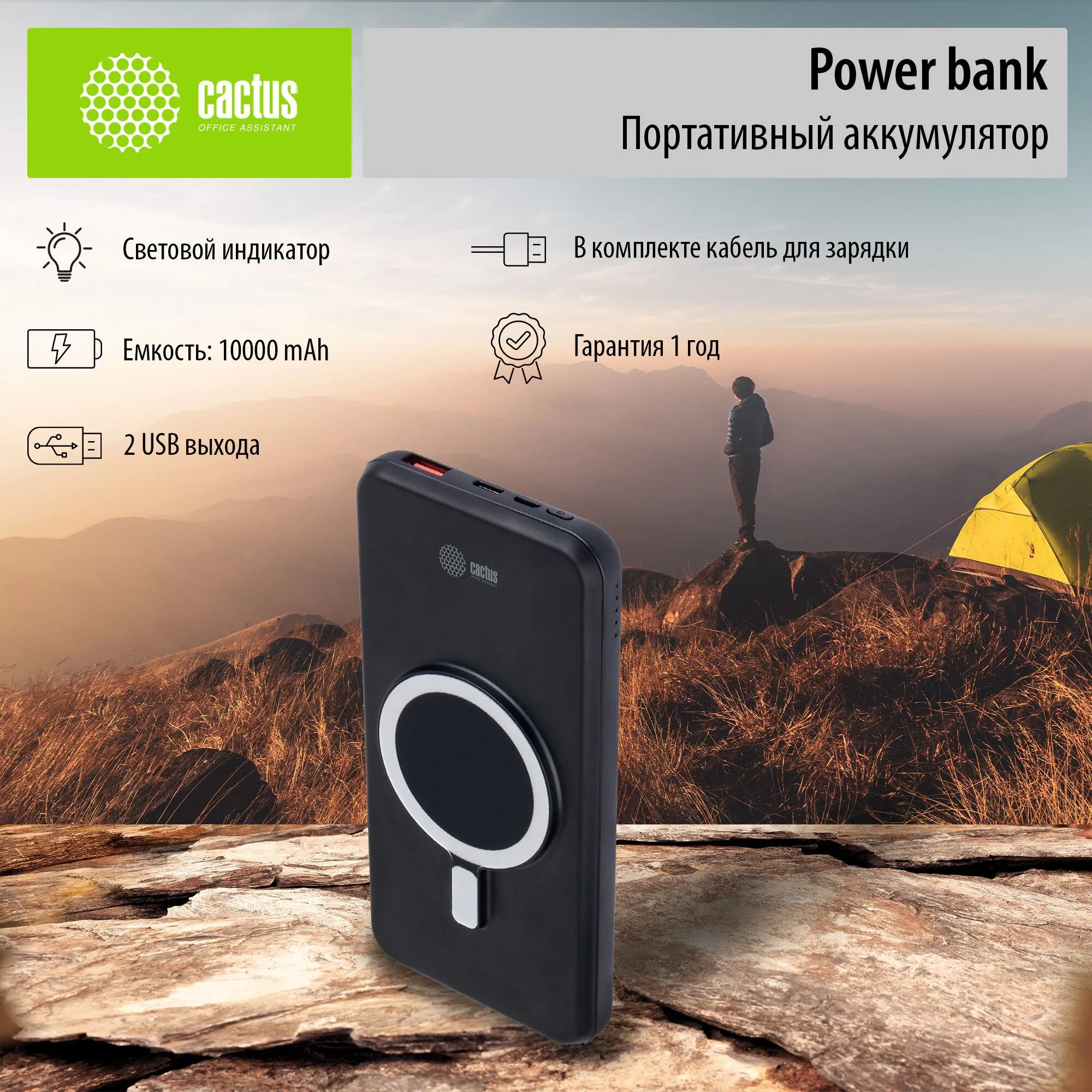 Внешний аккумулятор Cactus CS-PBFSRT-10000,  10000мAч,  черный - фото 18