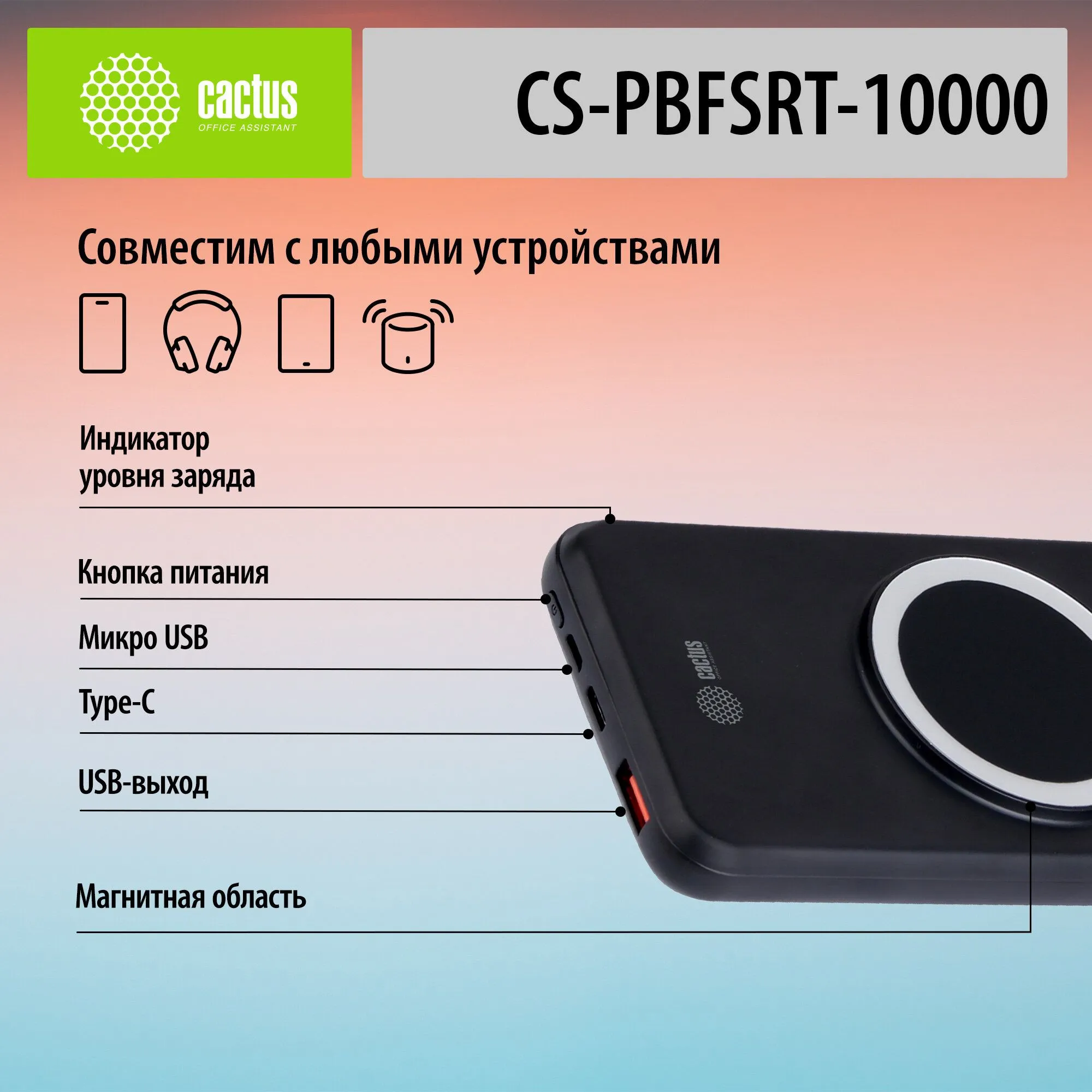 Внешний аккумулятор Cactus CS-PBFSRT-10000,  10000мAч,  черный - фото 19