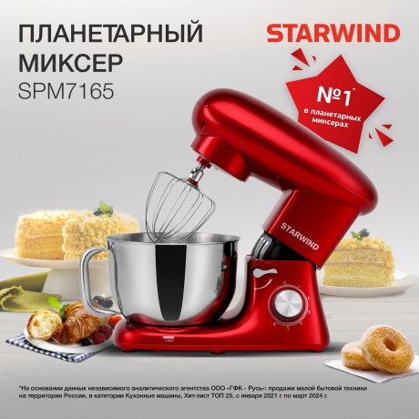 Миксер планетарный Starwind SPM7165 1900Вт красный - фото 18
