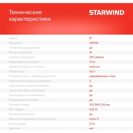 Миксер планетарный Starwind SPM6161 1300Вт мятный - фото 38