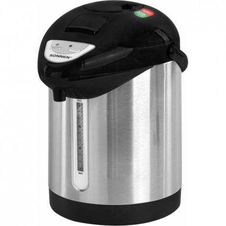 Термопот SONNEN TP-28, 3л, 900 Вт, 1 темп режим, ручной насос, сталь, черный/серебро, 456712 - фото 1