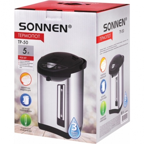 Термопот SONNEN TP-50, 5л, 900 Вт, 1 темп режим, 3 режима подачи воды, сталь, белый/серебр, 456711 - фото 7