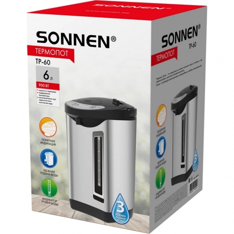 Термопот SONNEN TP-60, 6л, 900 Вт, 1 темп режим, 3 режима подачи воды, сталь, черный/сереб, 456713 - фото 10