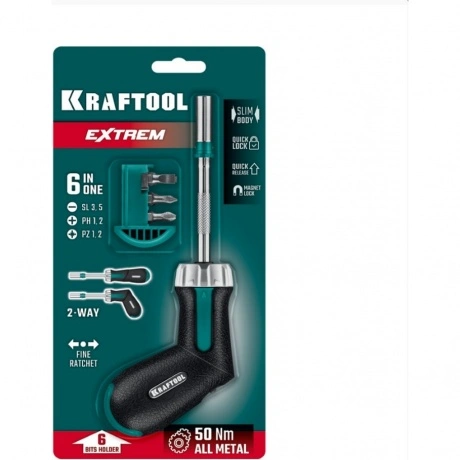Отвертка реверсивная рычажная с битами 6шт. KRAFTOOL EXTREM (258...