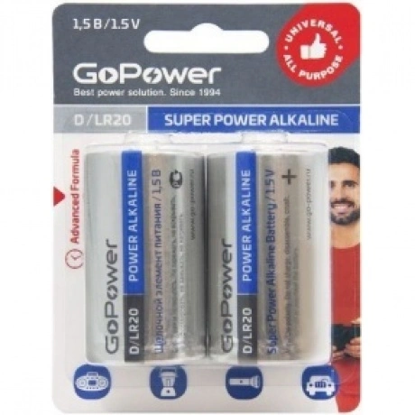Батарейка GoPower LR20 D BL2 Alkaline 1.5V (2/12/96) блистер (2 ...