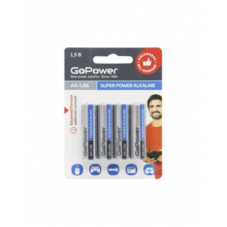 Батарейка GoPower LR6 AA BL4 Alkaline 1.5V (4/48/576) блистер (4...
