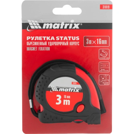 Рулетка Status magnet fixation, 3 м х 16 мм, обрезиненный корпус...