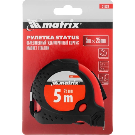 Рулетка Status magnet fixation, 5 м х 25 мм, обрезиненный корпус...