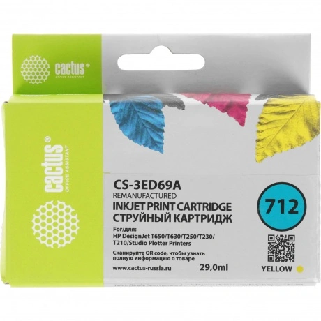 Картридж струйный Cactus CS-3ED69A 712 желтый (29мл) для HP DJ T...