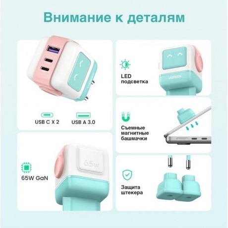 Сетевое зарядное устройство Ugreen CD361 Pink/Blue (35855) - фото 17