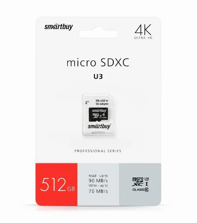 Карта памяти SmartBuy micro SDXC 512Gb Pro UHS-I U3 + ADP (90/70...