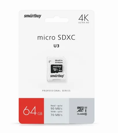 Карта памяти micro SDXC 64Gb SmartBuy Pro UHS-I U3 + ADP (90/70 ...
