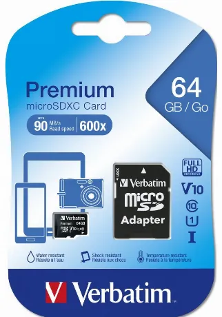Карта памяти VERBATIM 64GB 90MB/S MICROSD CLASS 10 (INC ADAPTOR)...